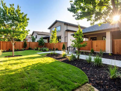 Yard with cleared vegetation creating defensible space around a home