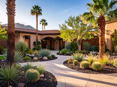 Fire-resistant plants in a landscaped yard for wildfire safety