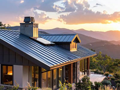Fire-resistant home with metal roofing and sealed vents for wildfire preparedness
