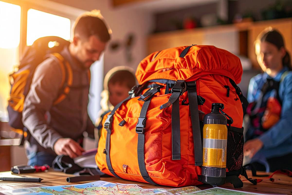 Family preparing wildfire emergency go-bag with safety resources